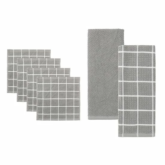 Food Network® Windowpane Grid Dishcloth & Kitchen Towel 6-pk. Gray